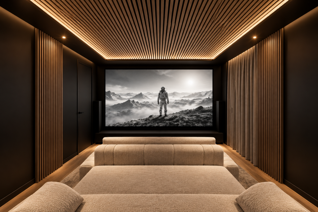 Cinéma privé luxueux aux tons chaleureux