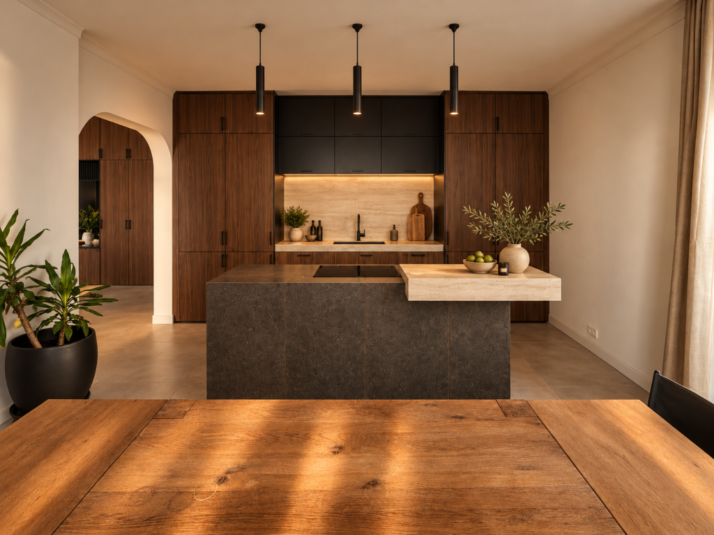 Cuisine contemporaine chaleureuse en noyer et pierre
