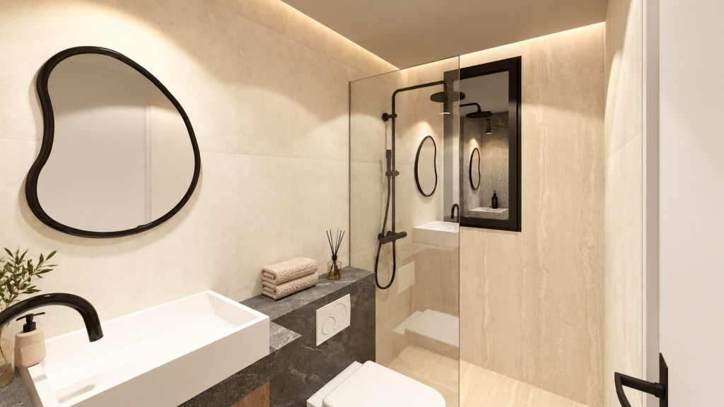 Salle de bain beige, miroir organique et douche vitrée