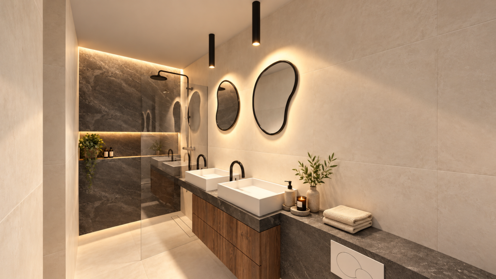 Salle de bain minimaliste aux miroirs organiques