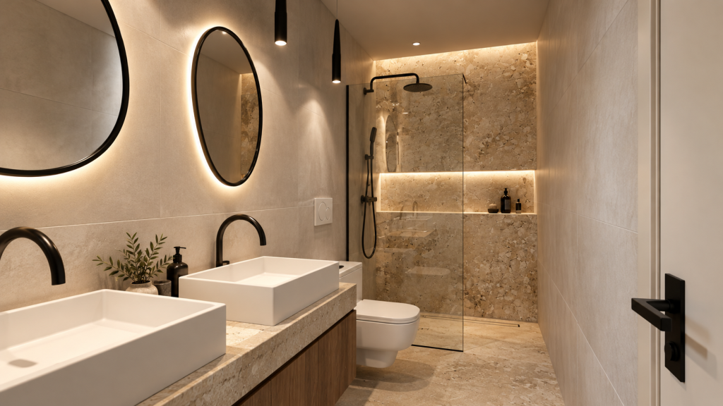 Salle de bain moderne aux accents naturels