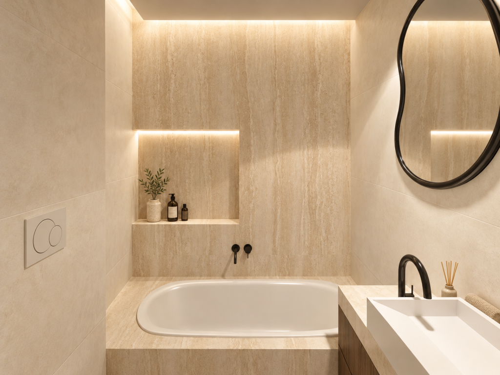 Salle de bains en travertin chaleureux
