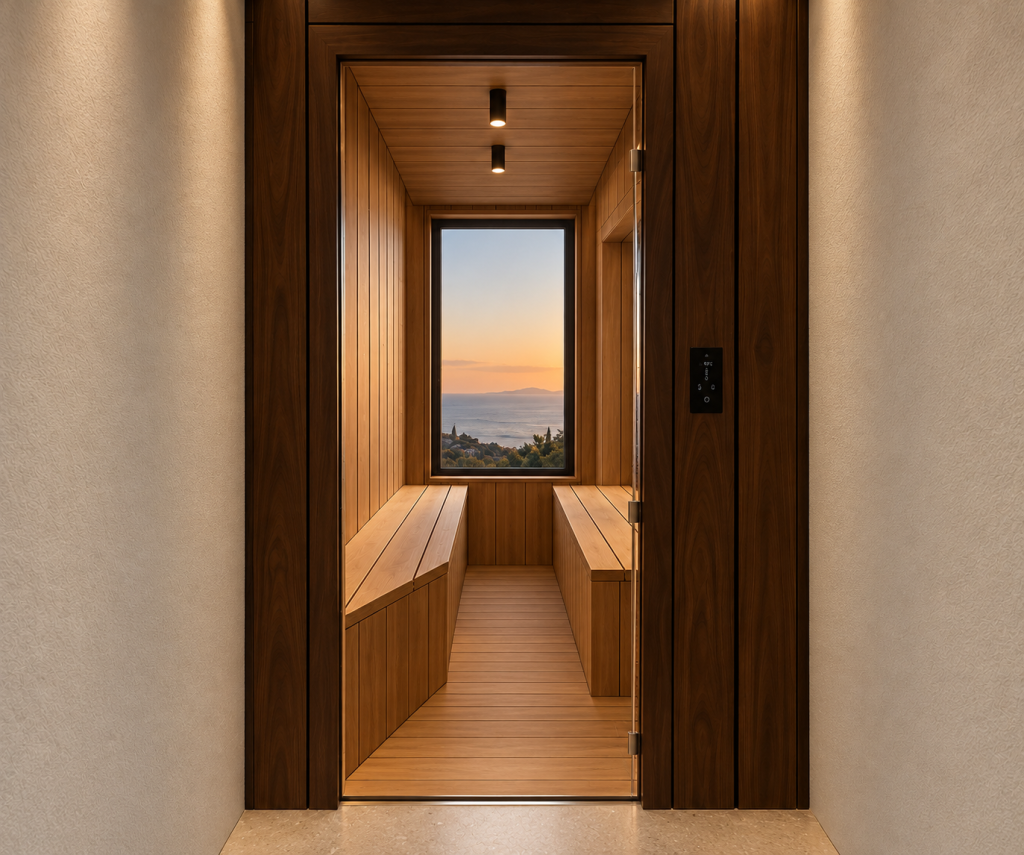 Sauna minimaliste avec vue sur mer